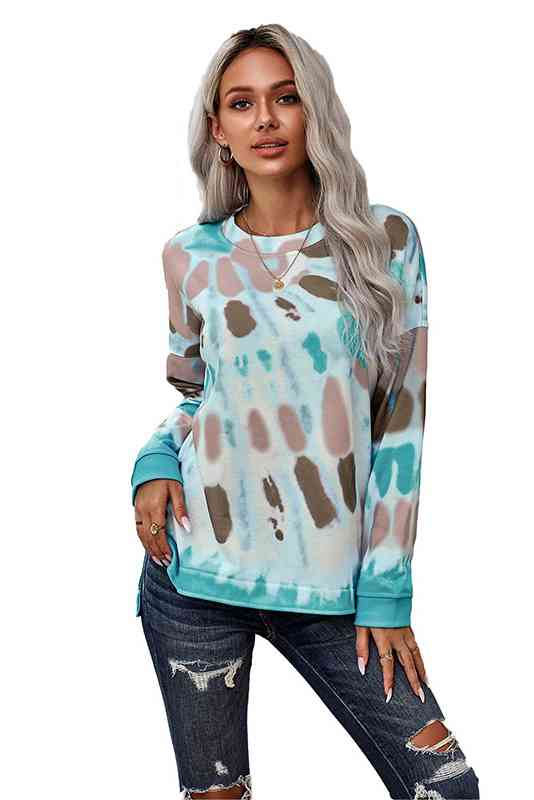 Tie-Dye Side Slit Long Sleeve Top Blue