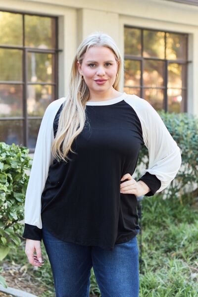 Celeste Design Full Size Color Contrast Long Sleeve Top Black/Ivory