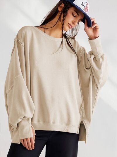 Slit Round Neck Dropped Shoulder T-Shirt Cream