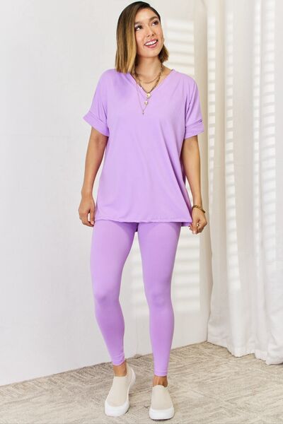 Zenana V-Neck Rolled Short Sleeve T-Shirt and Leggings Set B Lavender