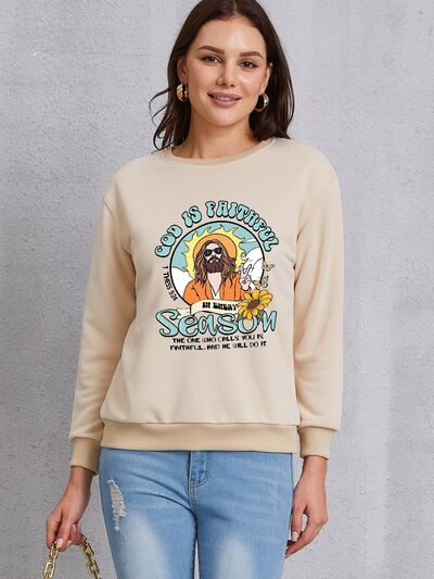 Graphic Round Neck Dropped Shoulder Sweatshirt Khaki