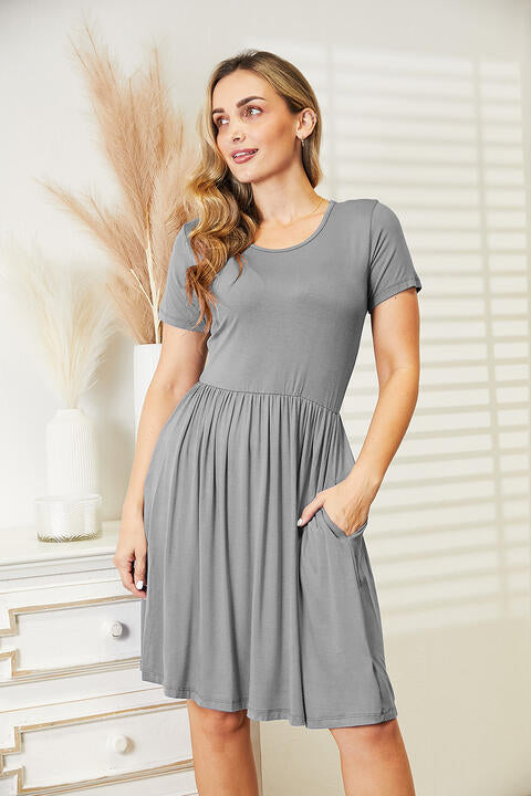 Ninexis Full Size Short Sleeve Dress with Pockets Heather Gray