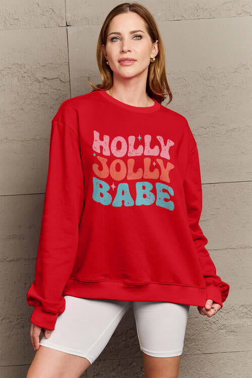 Simply Love Full Size HOLLY JOLLY BABE Long Sleeve Sweatshirt Deep Red