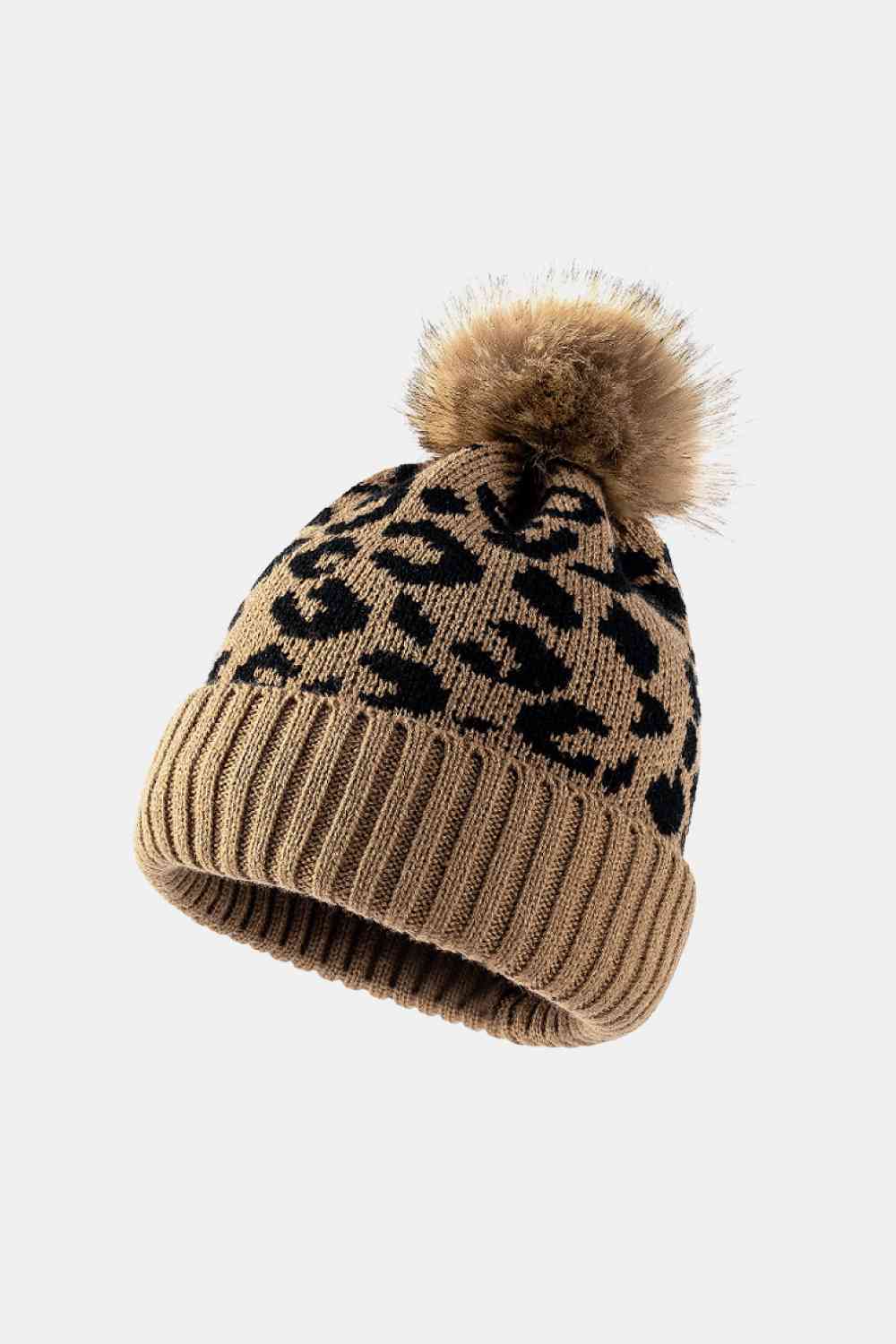 Leopard Pom-Pom Cuffed Beanie Khaki One Size