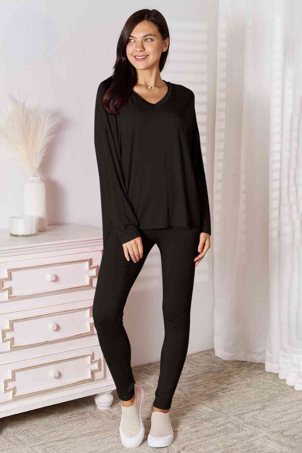 Basic Bae Full Size V-Neck Soft Rayon Long Sleeve Top and Pants Lounge Set Black