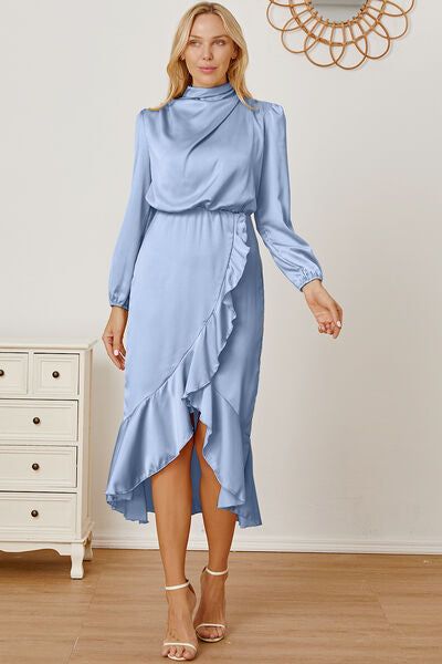 Mock Neck Ruffled Asymmetrical Dress Misty Blue