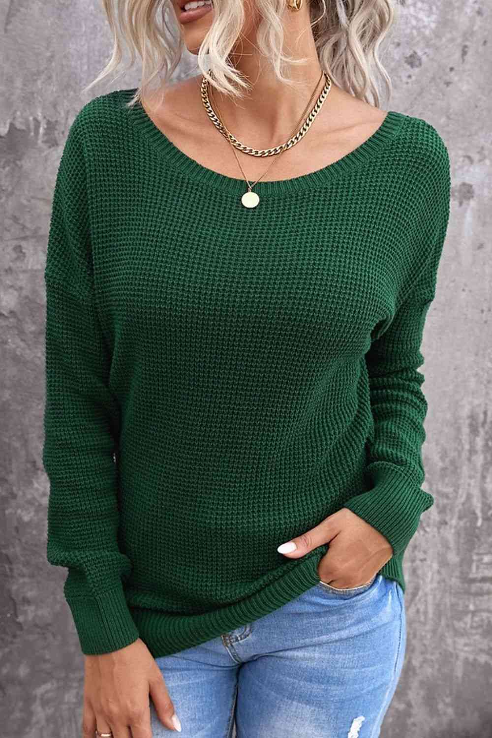 Woven Right Crisscross Back Waffle-Knit Sweater Green