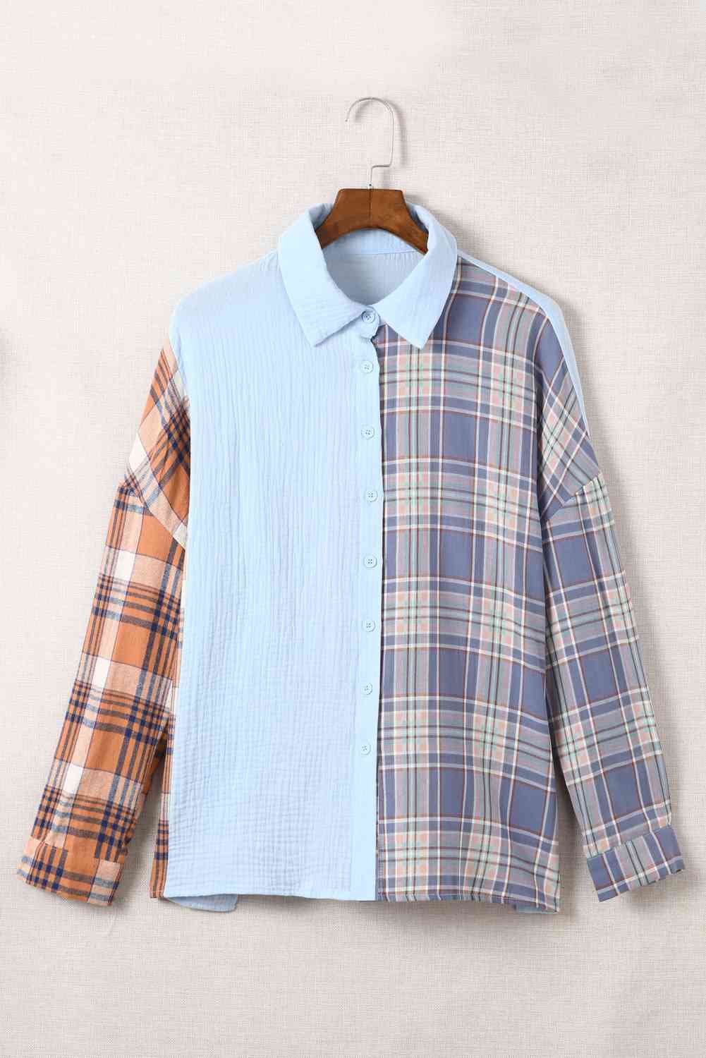 Plaid Color Block Textured Drop Shoulder Shirt Jacket Blue