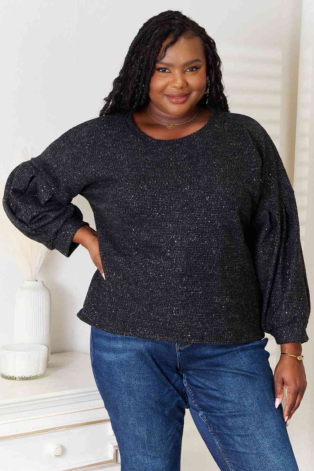 Jade By Jane Full Size Boat Neck Glitter Long Sleeve Top Black