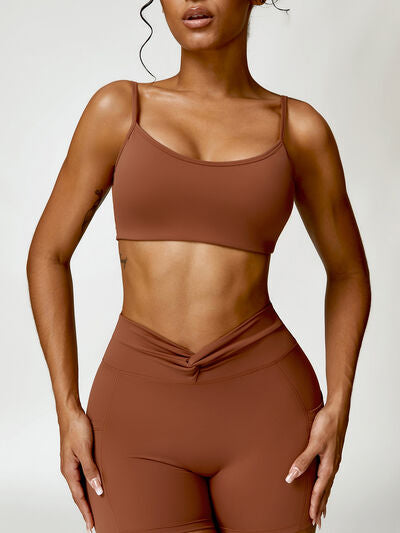 Round Neck Spaghetti Strap Active Bra Chestnut