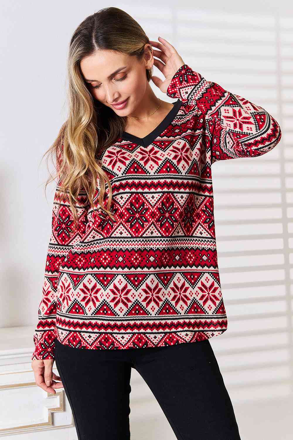 Heimish Full Size Snowflake Print Long Sleeve Top Deep Red