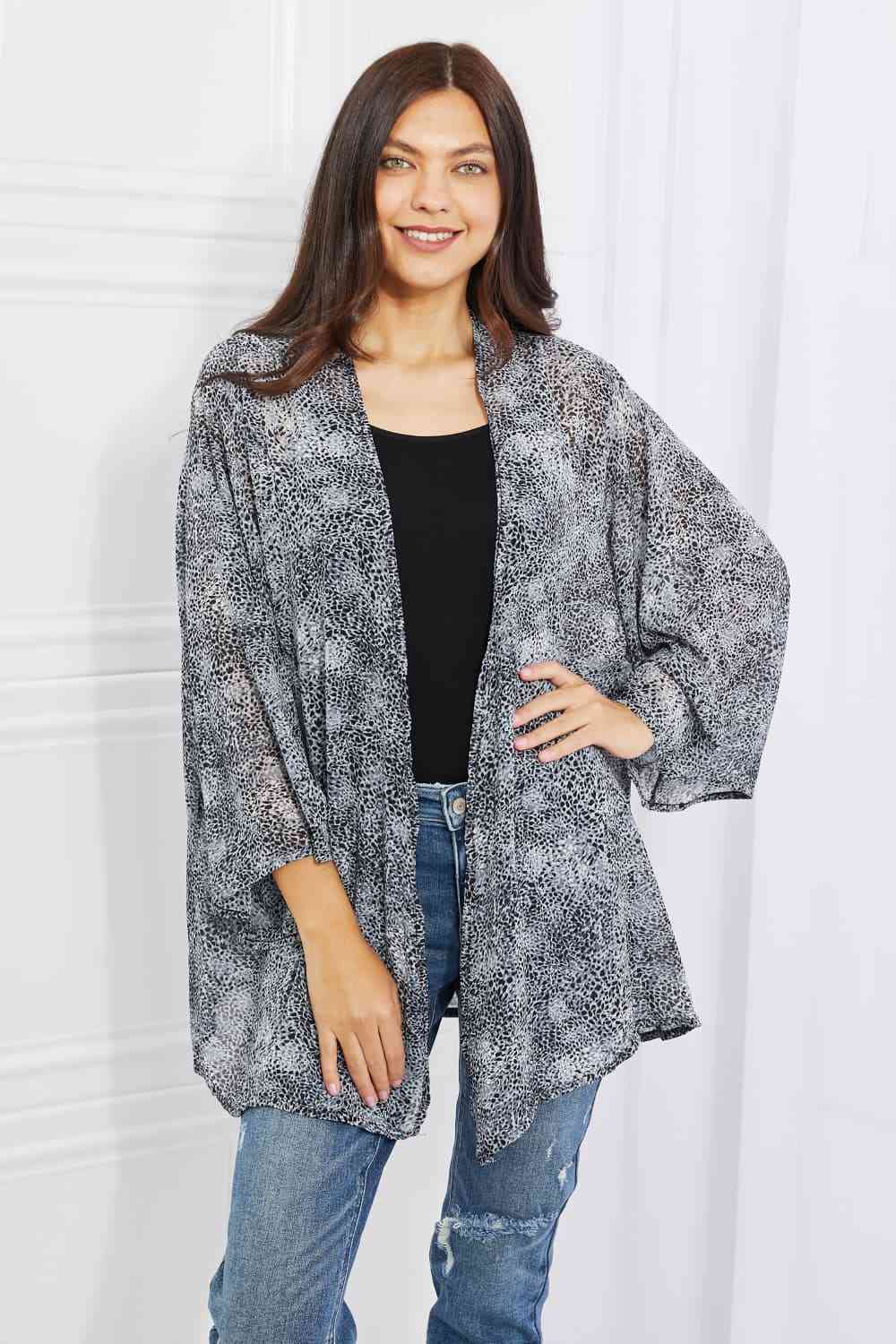 Melody Full Size Snake Print Chiffon Kimono Black/Gray