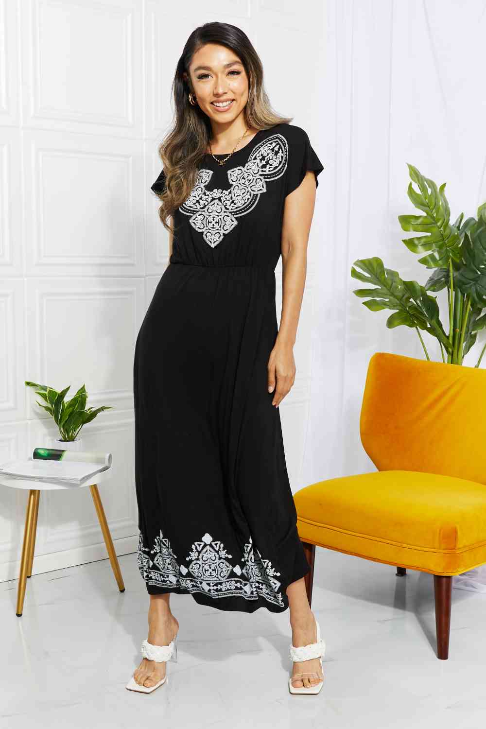 Heimish Walk In The Park Full Size Damask Midi Dress Black