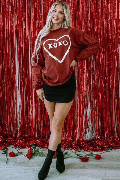 Heart Letter Graphic Round Neck Sweatshirt Brick Red