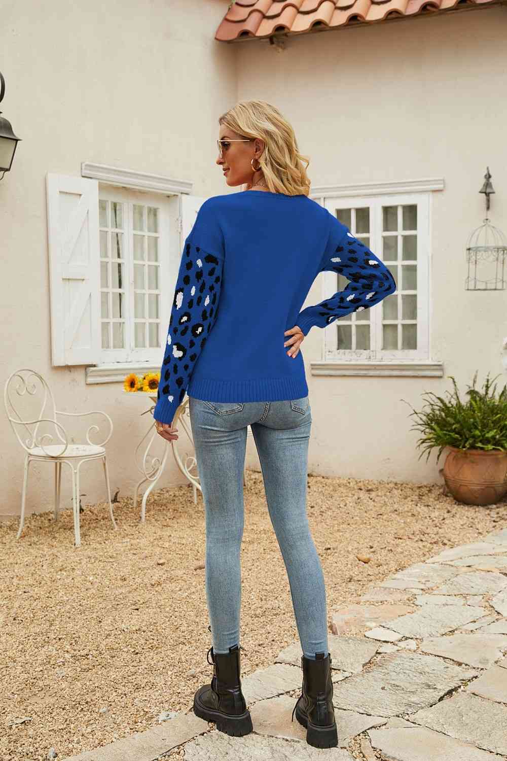 Woven Right Printed Dropped Shoulder Round Neck Sweater