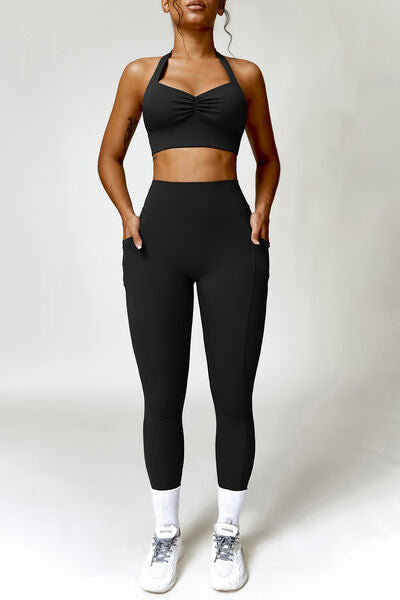 Ruched Halter Neck Bra and Pocketed Leggings Active Set Black