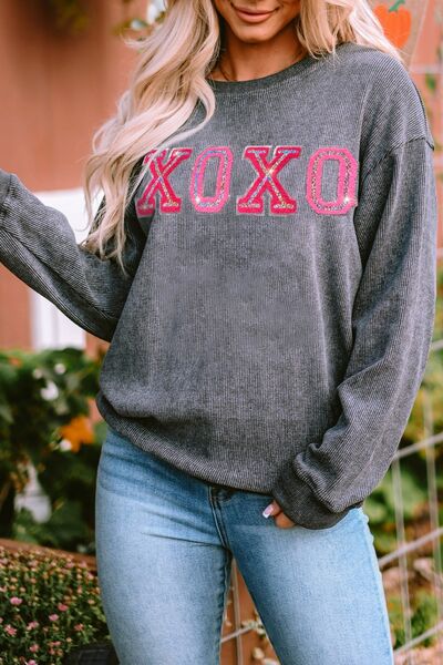 XOXO Round Neck Dropped Shoulder Sweatshirt Charcoal