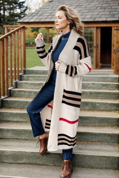 Striped Open Front Long Sleeve Longline Sweater Cardigan Ivory