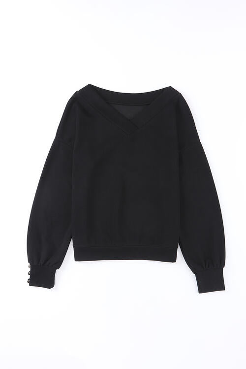 V-Neck Buttoned Long Sleeve Knit Top Black