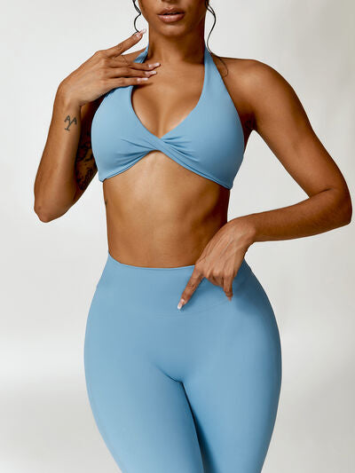 Twisted Halter Neck Active Bra Sky Blue