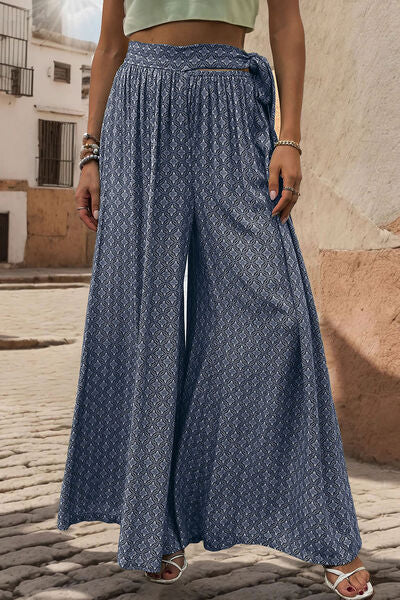 Printed Tied Wide Leg Pants Navy