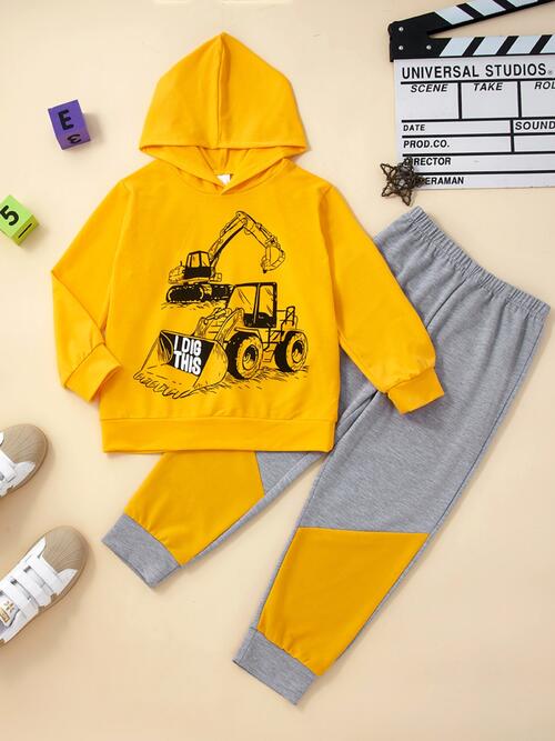 Graphic Hooded Top and Contrast Pants Set Mustard