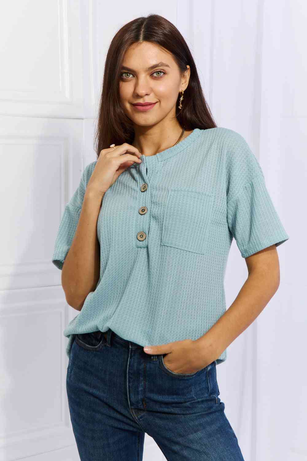 Heimish Made For You Full Size 1/4 Button Down Waffle Top in Blue Pastel Blue