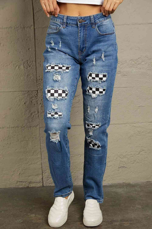Baeful Checkered Patchwork Mid Waist Distressed Jeans Denim