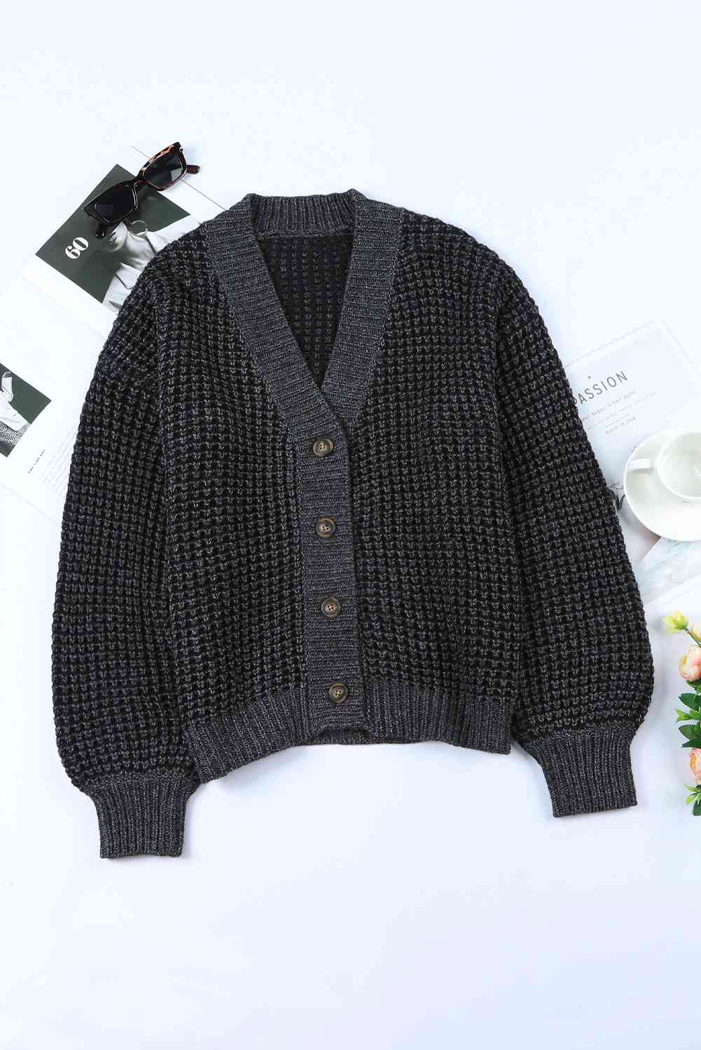 Woven Right Waffle-Knit Drop Shoulder Button-Down Cardigan Black