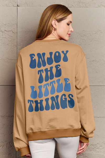 Simply Love Full Size ENJOY THE LITTLE THINGS Round Neck Sweatshirt Camel