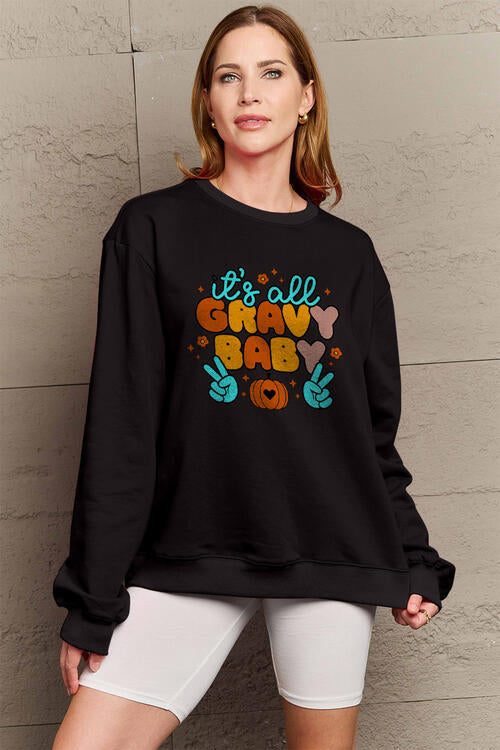 Simply Love Full Size IT'S ALL GRAVY BABY Long Sleeve Sweatshirt Black