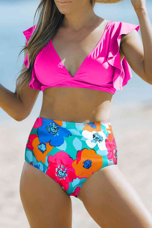 Cropped Swim Top and Floral Bottoms Set Hot Pink