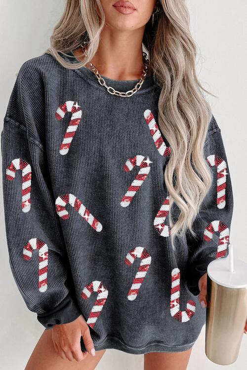 Sequin Candy Cane Round Neck Sweatshirt Charcoal