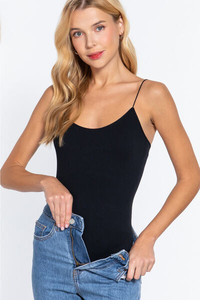 ACTIVE BASIC Ribbed Round Neck Cami Bodysuit Black