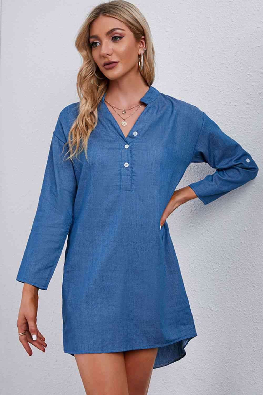 Half-Button Notched Neck High-Low Denim Dress Sky Blue One Size