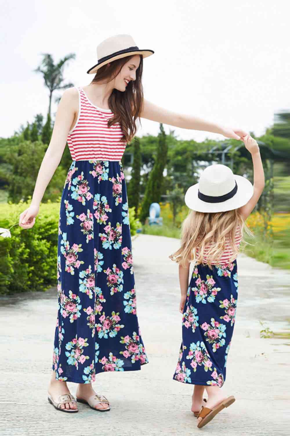 Girls Striped Floral Sleeveless Dress