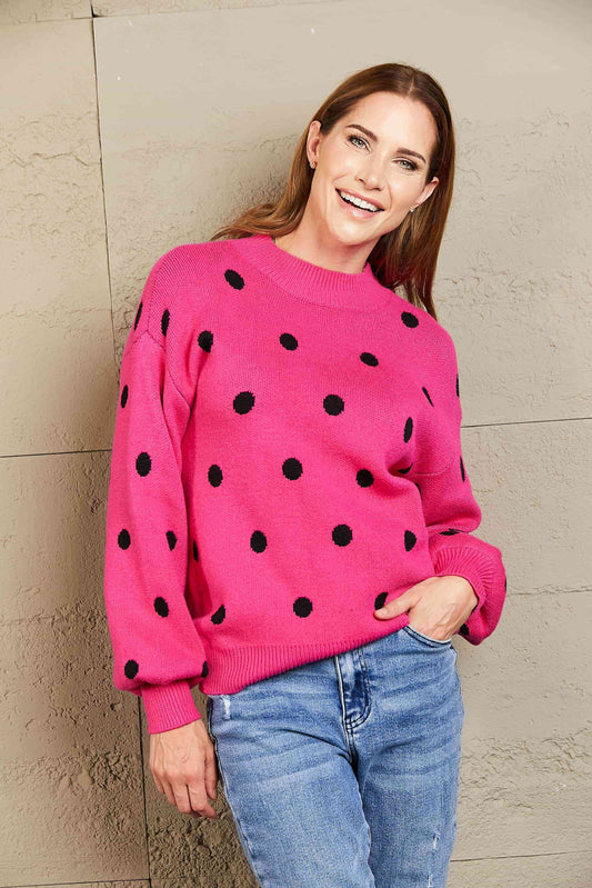 Woven Right Polka Dot Round Neck Dropped Shoulder Sweater Deep Rose