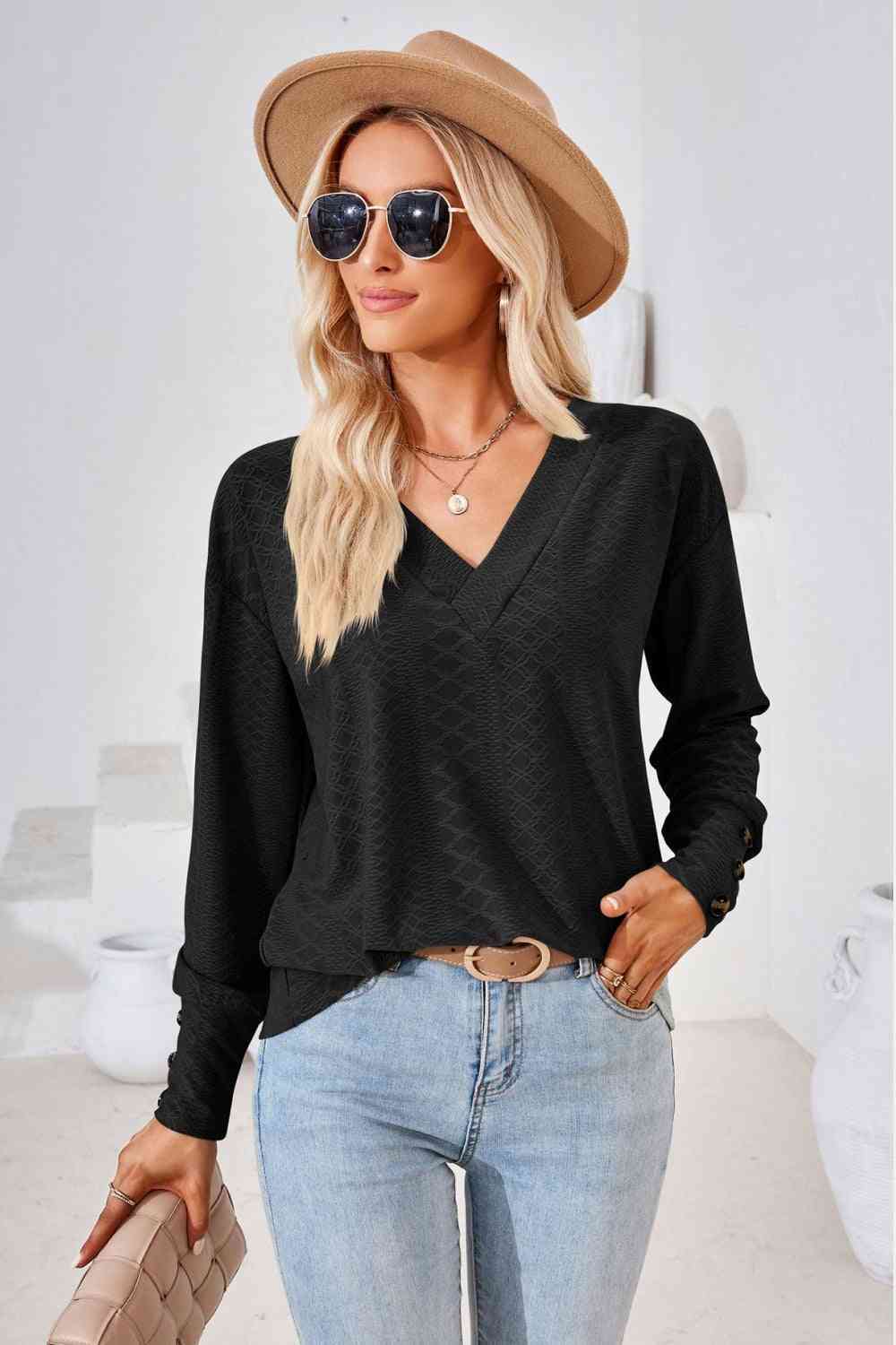 V-Neck Long Sleeve Blouse Black