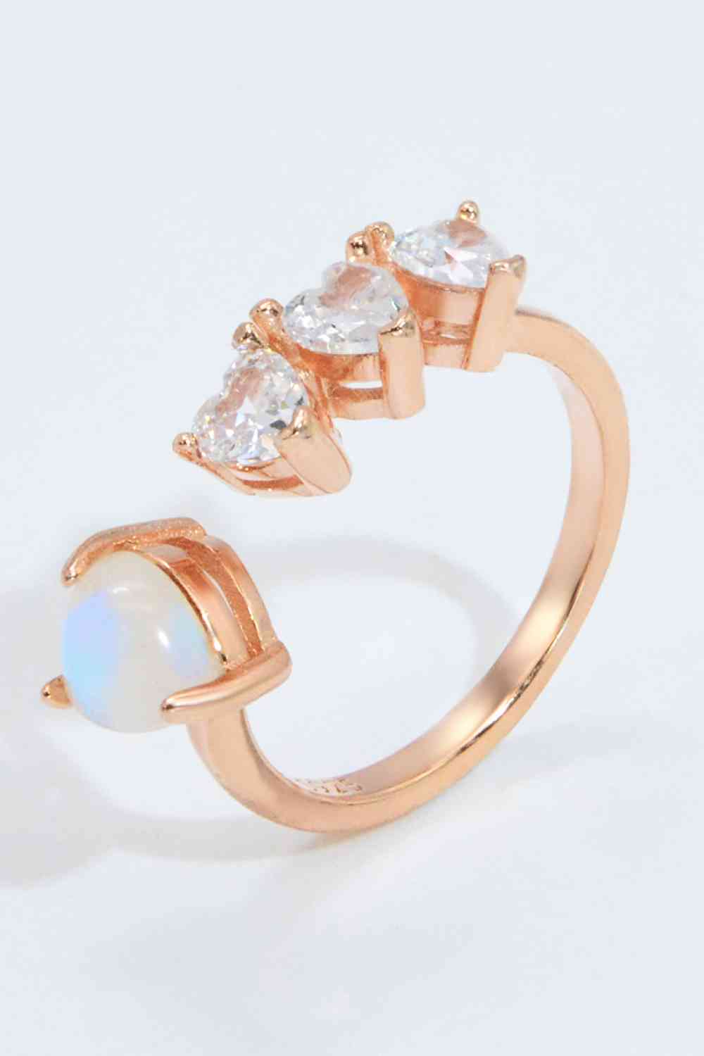 Natural Moonstone and Zircon Heart Open Ring Rose Gold One Size