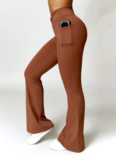 Twisted High Waist Active Pants with Pockets Chestnut