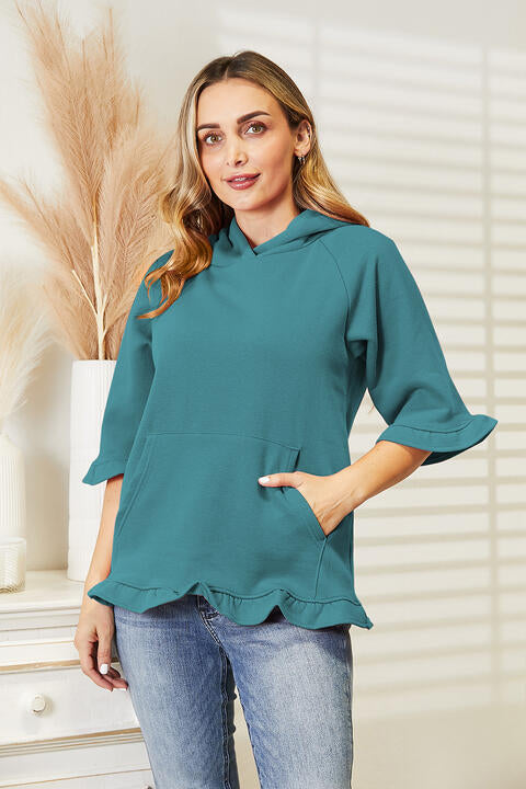 Ninexis Full Size Raglan Sleeve Ruffled Hoodie with Pocket Deep Teal