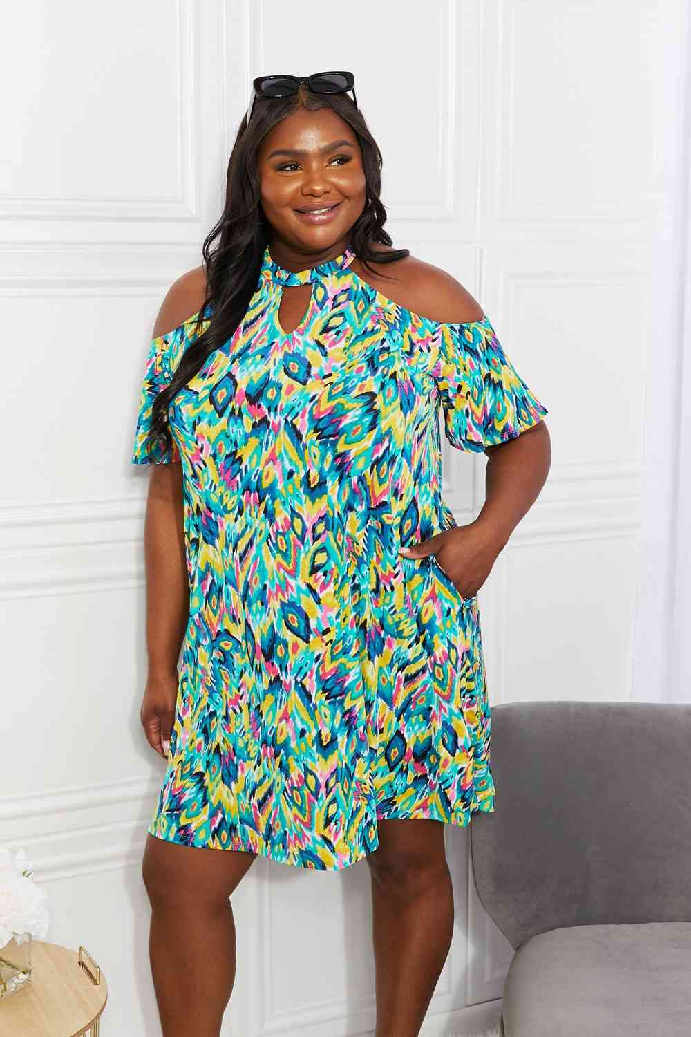 Sew In Love Full Size Perfect Paradise Printed Cold-Shoulder Dress Multicolor