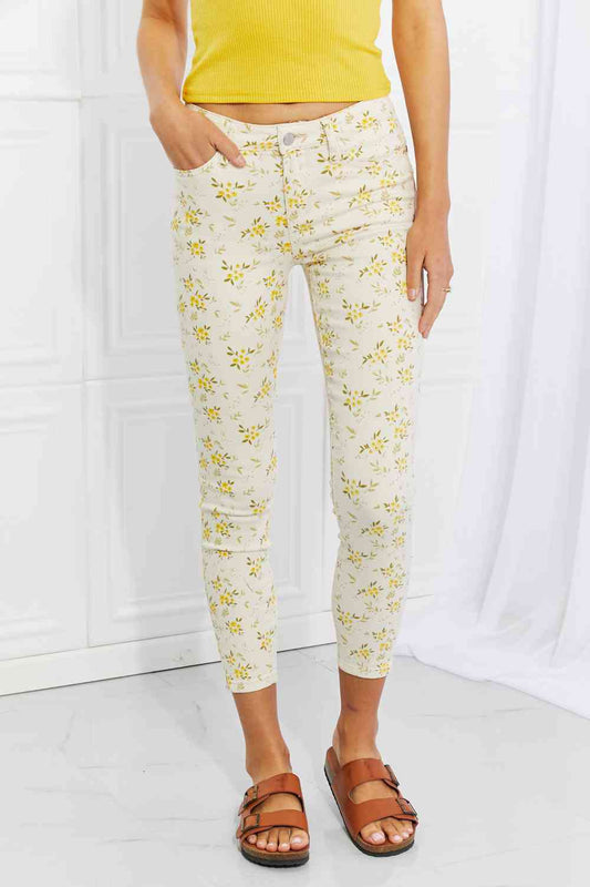 Judy Blue Full Size Golden Meadow Floral Skinny Jeans White