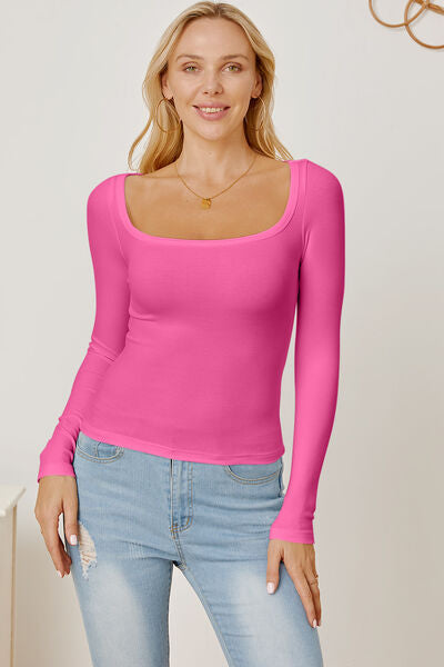 Square Neck Long Sleeve T-Shirt Fuchsia Pink