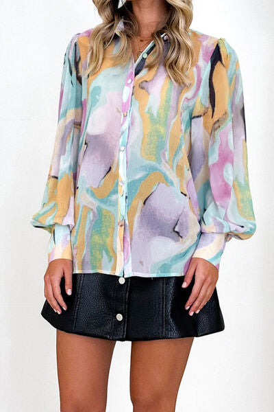 Printed Button Up Lantern Sleeve Shirt Lavender