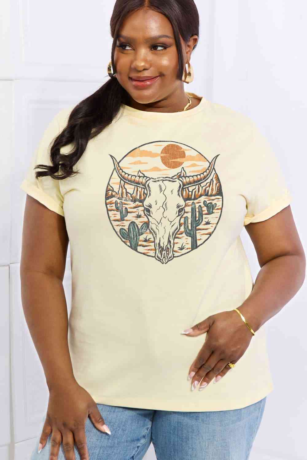 Simply Love Full Size Bull Cactus Graphic Cotton Tee Ivory