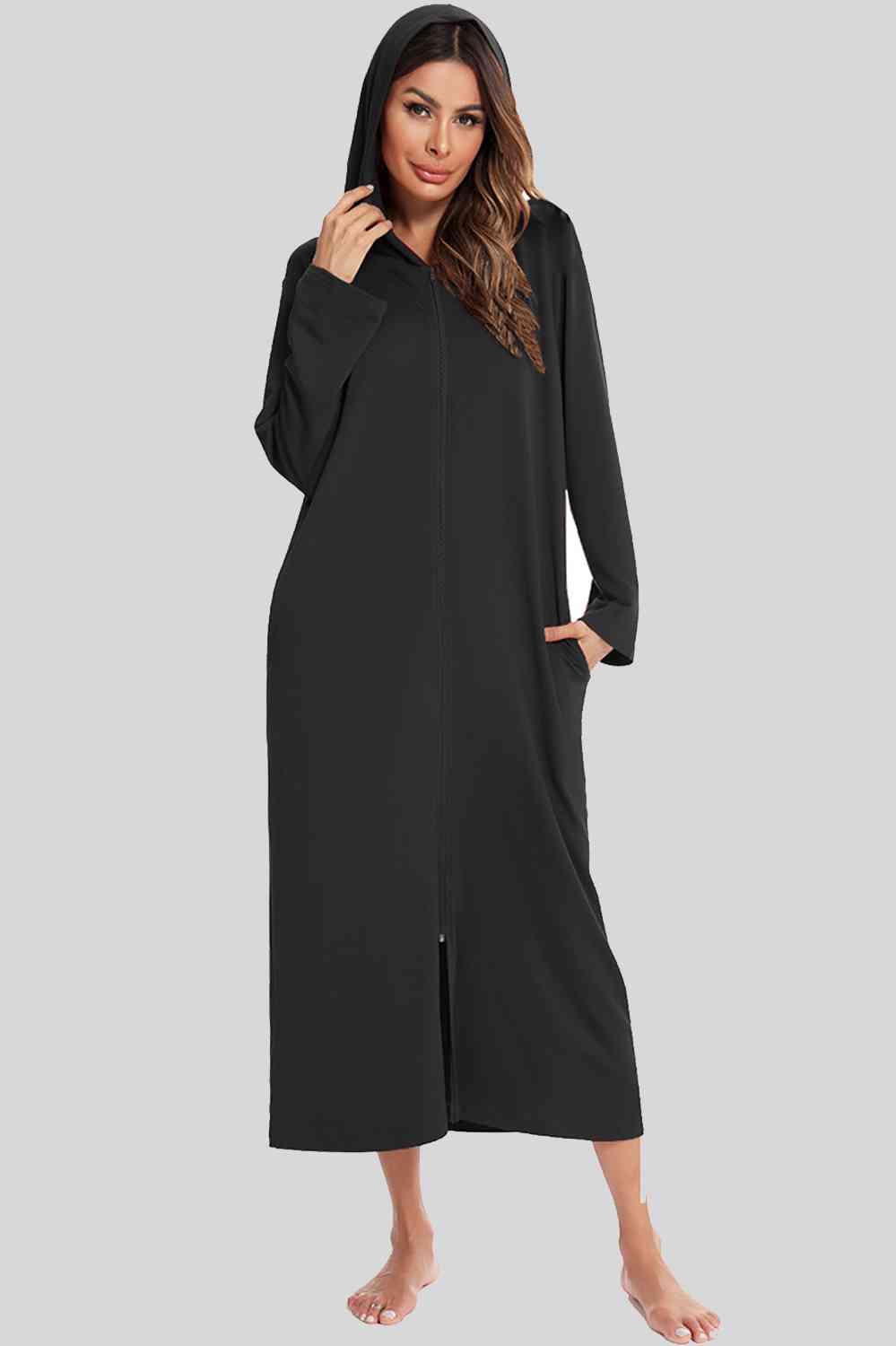 Zip Front Hooded Night Dress with Pockets Black