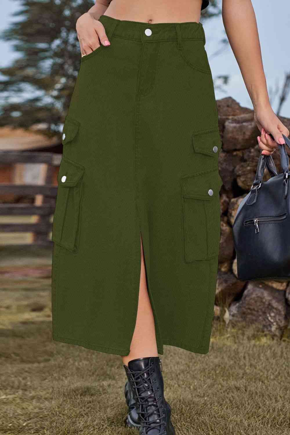 Slit Front Midi Denim Skirt with Pockets Army Green