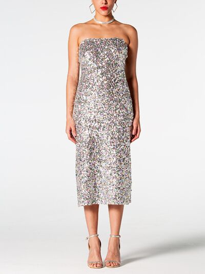 Sequin Straight Neck Midi Wrap Dress Silver