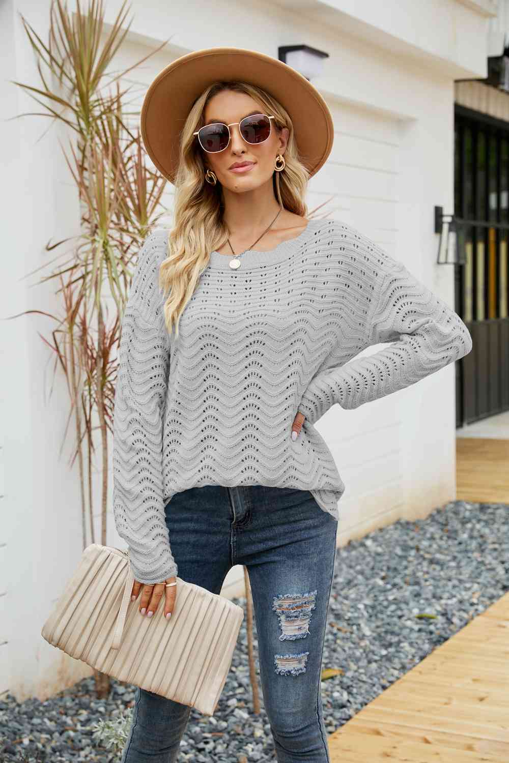 Woven Right Scalloped Boat Neck Openwork Tunic Sweater Gray